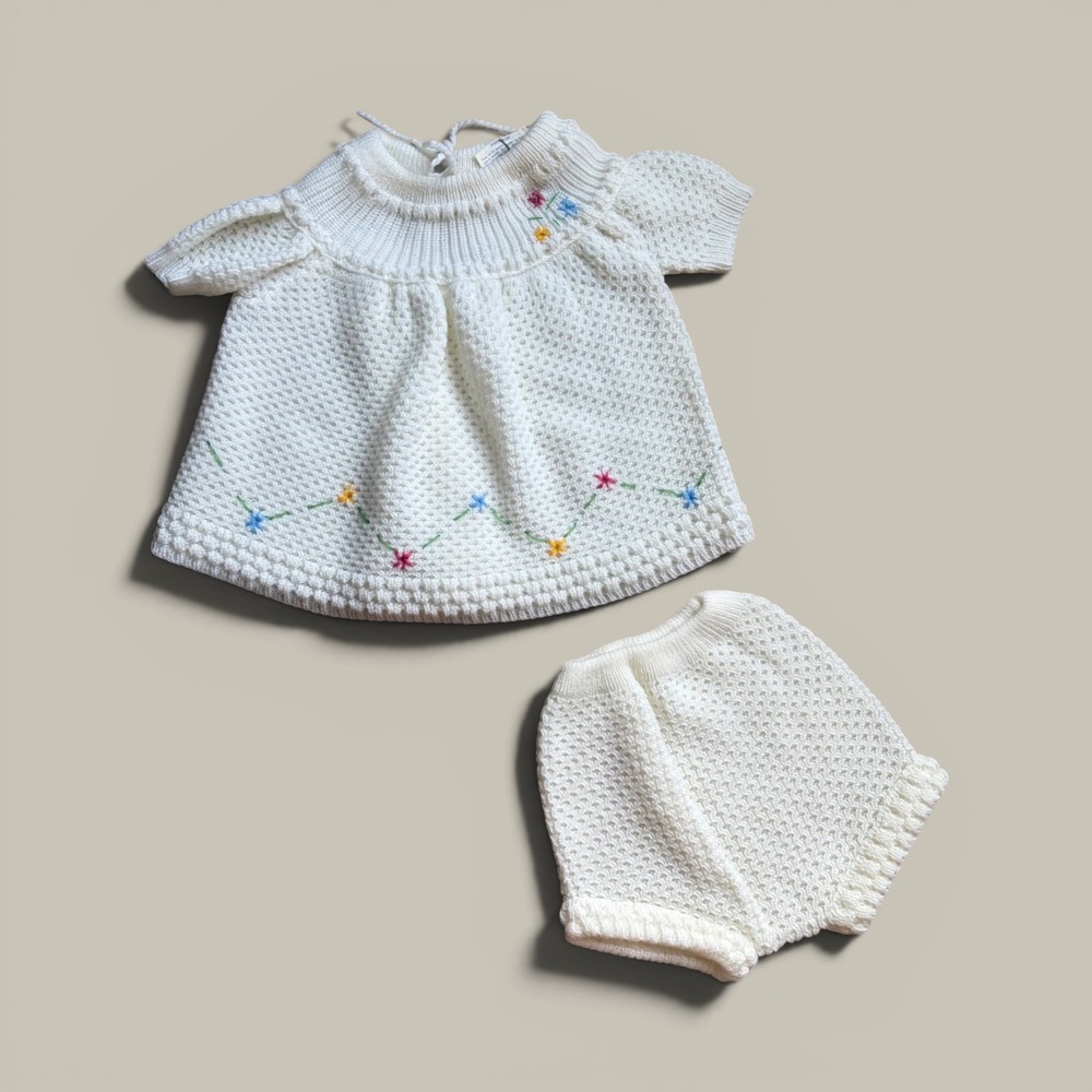 Vintage Baby Elegance Knit Set White Floral Embroidered Tunic Bloomers Greece M